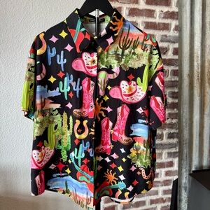 Western Print Women’s Button-Up Short Sleeve Shirt - Pink, Blue Boots Size Large